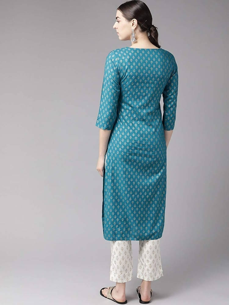 Yufta Women Teal Blue & Golden Printed Kurta with Trouser | Grab2Buy