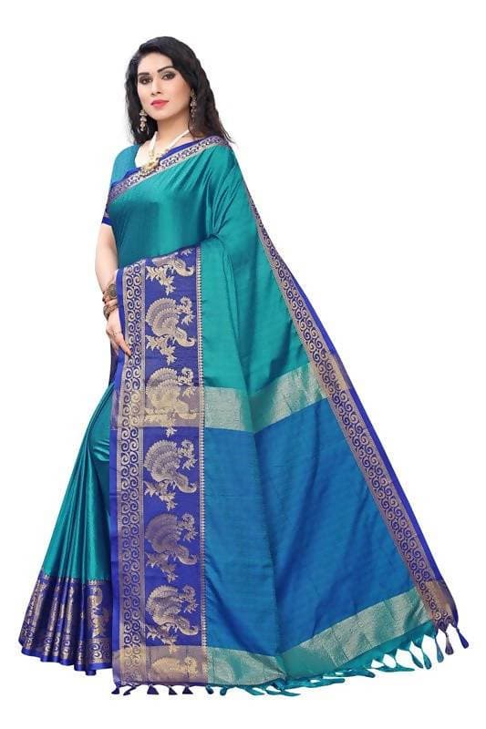 Vamika Banarasi Jacquard Weaving Blue Saree (DHONI BLUE) | Grab2Buy