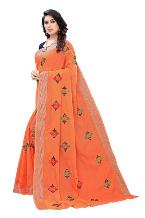Vamika Chanderi Cotton Embroidery Orange Saree (Dixa Orange) | Grab2Buy