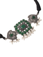 NVR Women's Oxidised Silver Plated Green Color Stone Jewellery Set With Earrings | Grab2Buy