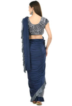 Mominos Fashion All Season Wear Gray And Blue Ruffled Ready To Wear Saree | Grab2Buy