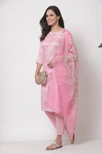 Myshka Women's Cotton 3/4 Sleeve Round Neck Casual Pink Kurta Pant Dupatta Set | Grab2Buy
