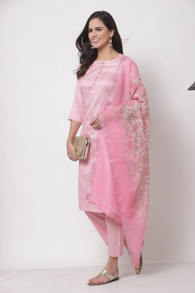 Myshka Women's Cotton 3/4 Sleeve Round Neck Casual Pink Kurta Pant Dupatta Set | Grab2Buy