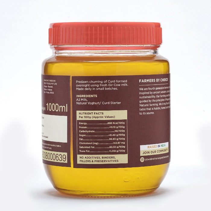 Two Brothers Organic Farms A2 Gir Cow Cultured Ghee | Cultured Cow Desi Ghee | Curd-Churned Bilona Ghee | Pure, Natural, and Healthy | Swadesiicart