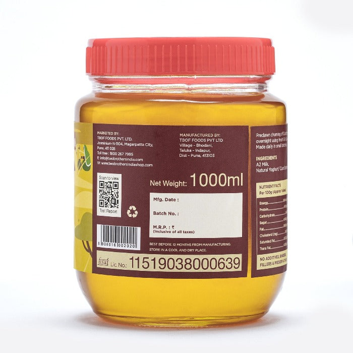 Two Brothers Organic Farms A2 Gir Cow Cultured Ghee | Cultured Cow Desi Ghee | Curd-Churned Bilona Ghee | Pure, Natural, and Healthy | Swadesiicart