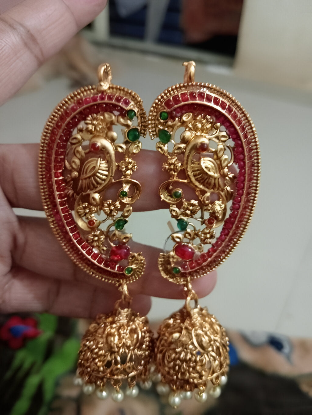 Jewel City Antique Gold Peacock Temple Jhumka Earrings Ruby & Emerald Traditional Earrings Handcrafted South Indian Bridal Jewelry | Grab2Buy