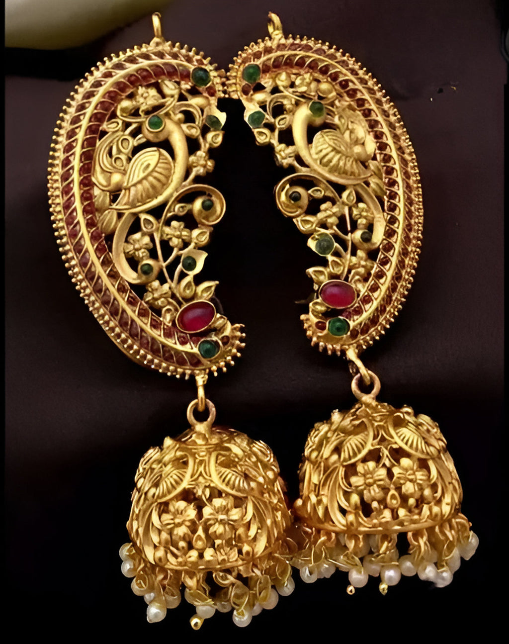 Jewel City Antique Gold Peacock Temple Jhumka Earrings Ruby & Emerald Traditional Earrings Handcrafted South Indian Bridal Jewelry | Grab2Buy
