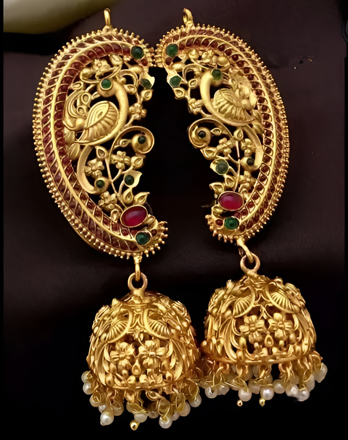 Jewel City Antique Gold Peacock Temple Jhumka Earrings Ruby & Emerald Traditional Earrings Handcrafted South Indian Bridal Jewelry | Grab2Buy