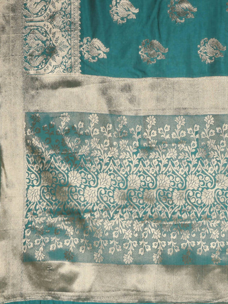 Kalamandir Peacock Print Sea Green Silk Blend Saree | Grab2Buy