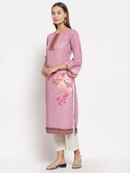 Myshka Women's Pink Cotton Printed Full Sleeve Round Neck Casual Kurta | Grab2Buy