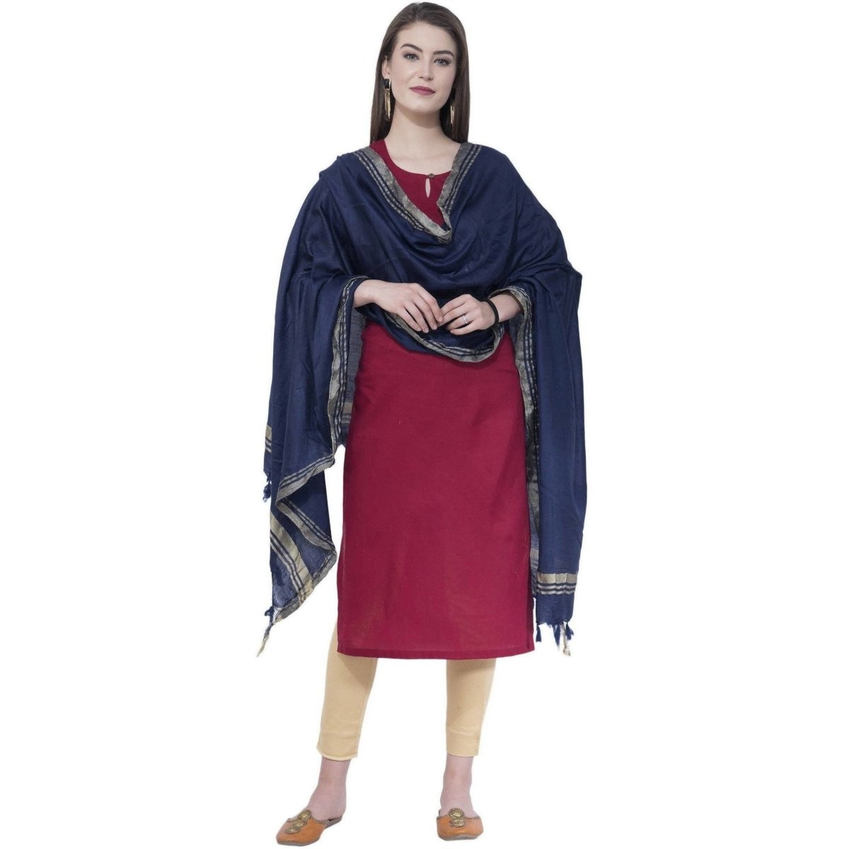 A R Silk Navy Blue Color Golden Border Dupattas and Chunnis | Grab2Buy