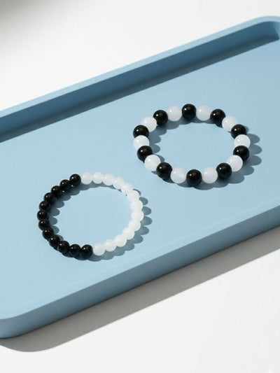 NVR Set of 2 Black & White crystal beaded Bracelet for Men & Women