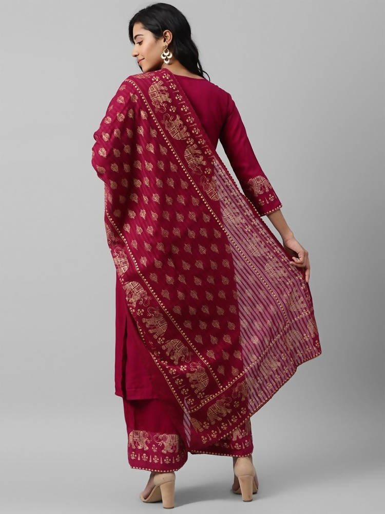 Yufta Women Pink And Golden Pure Cotton Solid Kurta with Palazzo and Dupatta | Grab2Buy