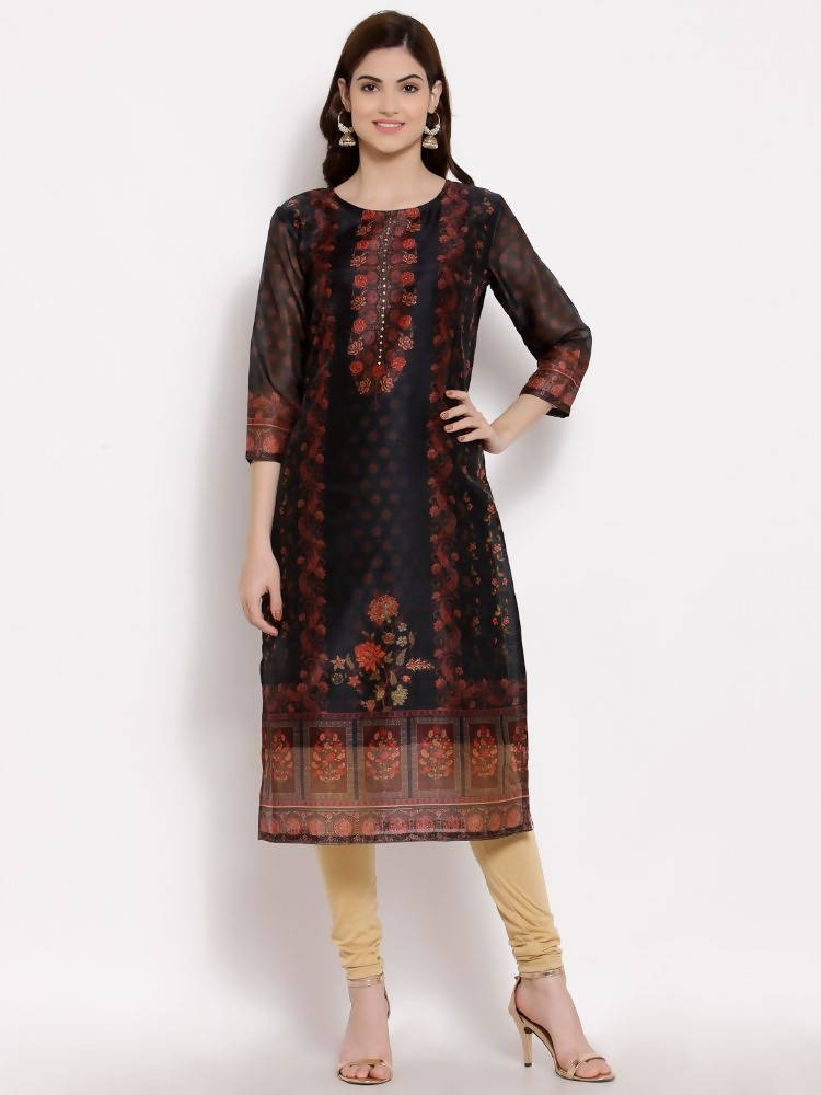 Myshka Women's Multi Chanderi Silk 3/4 Sleeve Round Neck Printed Casual kurta | Grab2Buy