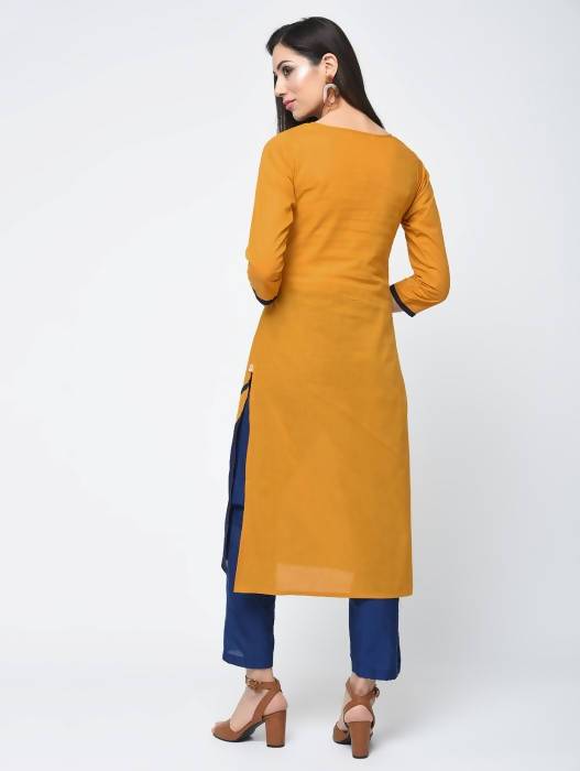 Aniyah Cotton Color Block Straight Kurta In Mustard Color (AN-102K) | Grab2Buy