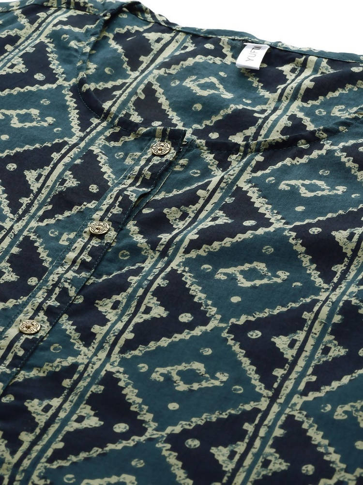 Yufta Teal Blue & Black Printed Pure Cotton Kurta with Palazzo | Grab2Buy