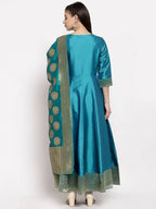 Myshka Women's Green Silk Solid 3/4 Sleeve V Neck Casual Anarkali Gown | Grab2Buy