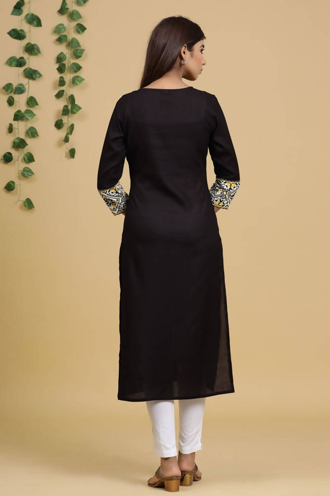 Yufta Women Black & Yellow Geometric Yoke Design Straight Kurta | Grab2Buy