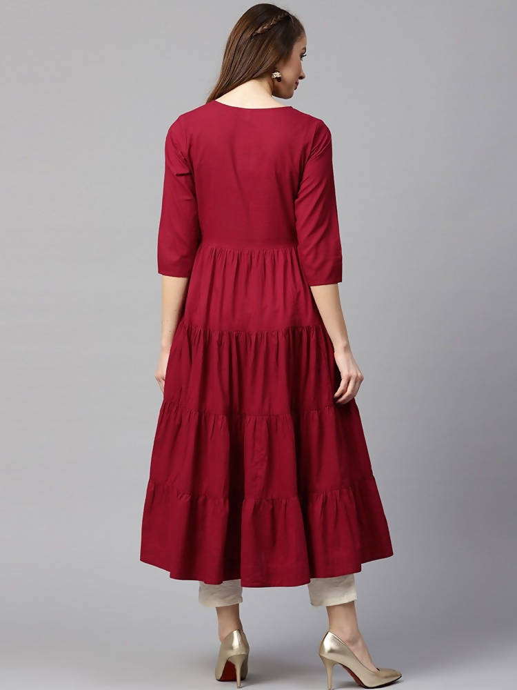 Yufta Women Maroon Embroidered Tiered Anarkali Kurta | Grab2Buy