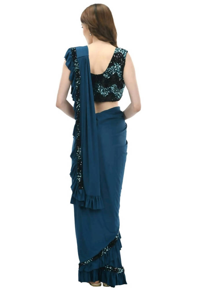 Mominos Fashion All Season Wear Peacock Blue And Black Ruffled Ready To Wear Saree | Grab2Buy