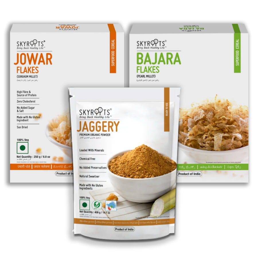 Skyroots Bajara Flakes + Jowar Flakes + Organic Jaggery Powder Combo Pack | Grab2Buy