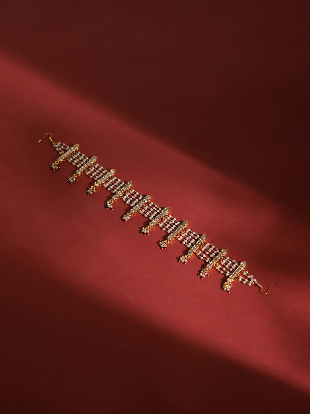 White Gold-Polished Kundan-Studded Beaded Matha Patti - Ruby Raang | Grab2Buy