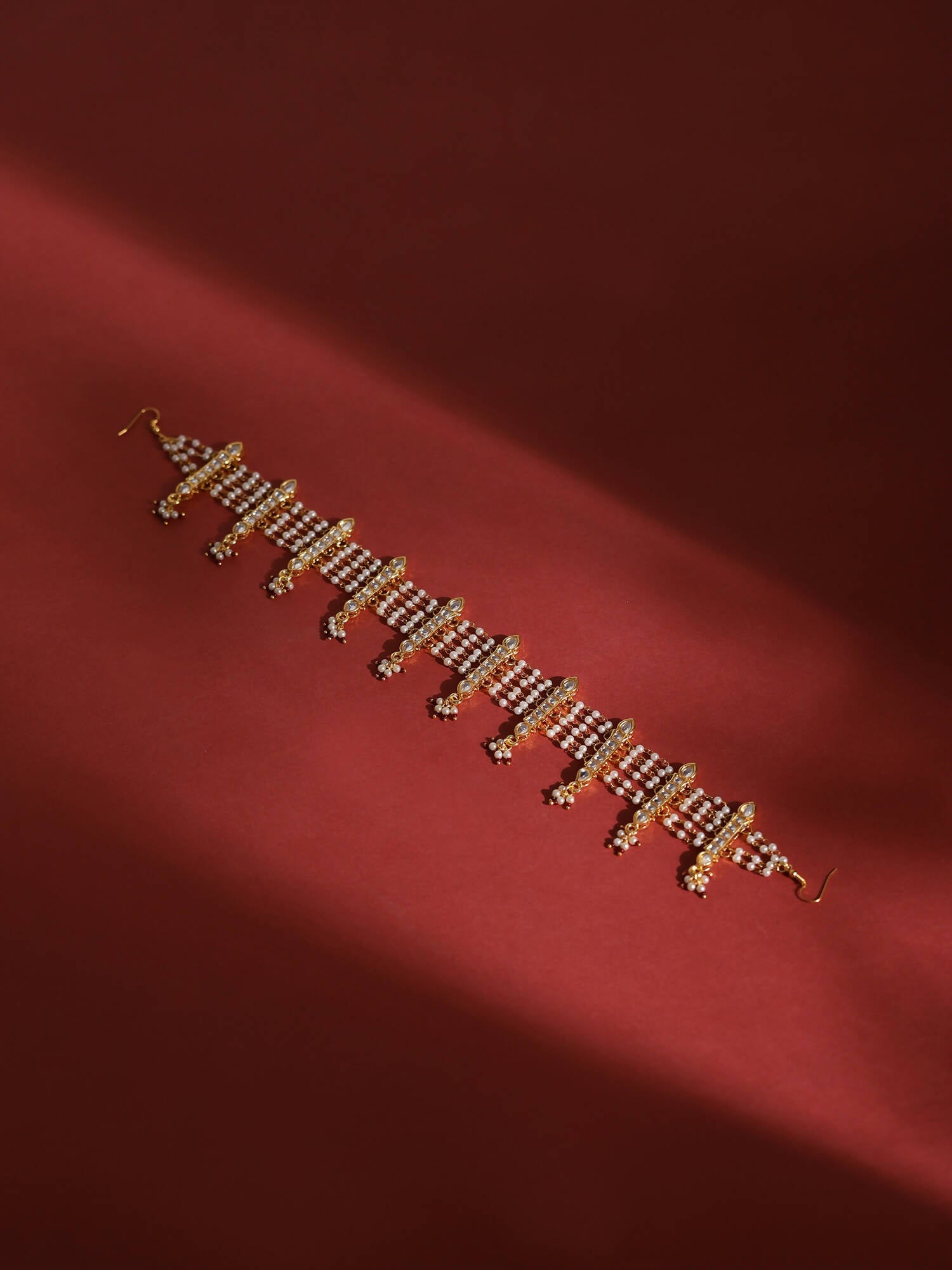 White Gold-Polished Kundan-Studded Beaded Matha Patti - Ruby Raang | Grab2Buy