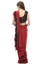 Mominos Fashion All Season Wear Olive Red And Black Ruffled Ready To Wear Saree | Grab2Buy