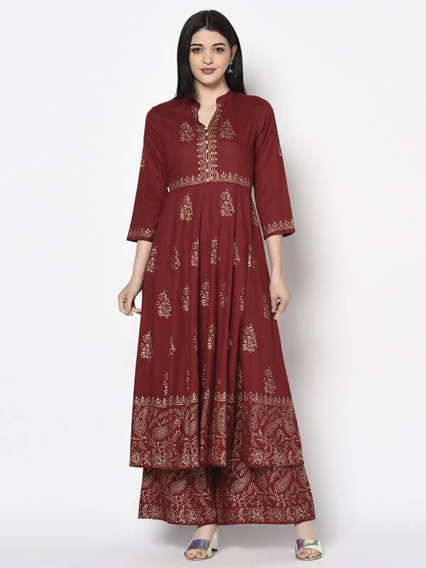 Aniyah Rayon Maroon Color Block Print Flared Slip-On Palazzo (AN-213K) | Grab2Buy