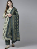 Yufta Women Beige Ethnic Motifs Aari Work Pure Cotton Kurta with Palazzo and Dupatta | Grab2Buy