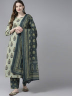 Yufta Women Beige Ethnic Motifs Aari Work Pure Cotton Kurta with Palazzo and Dupatta | Grab2Buy