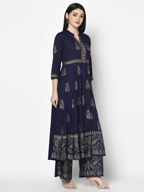 Aniyah Rayon Navy Blue Color Block Print Anarkali Palazzo Set (AN-210K) | Grab2Buy