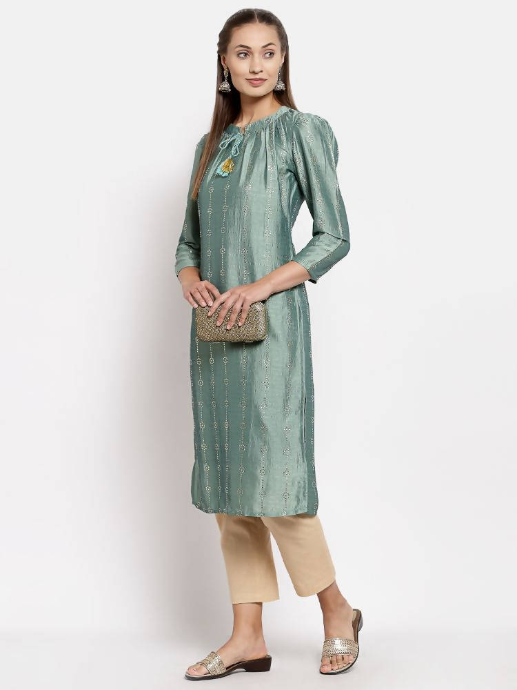 Myshka Women's Green Silk Solid Full Sleeve Round Neck Casual Kurta | Grab2Buy