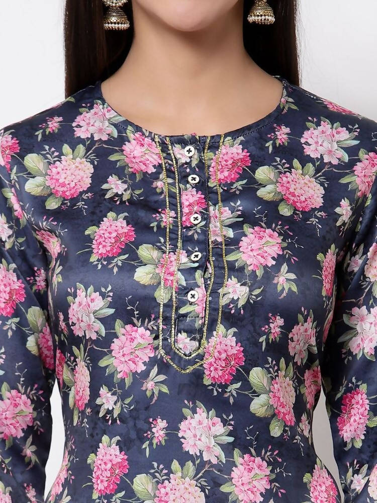 Myshka Silk Printed 3/4 Sleeve Round Neck Casual Blue Women's Kurta | Grab2Buy