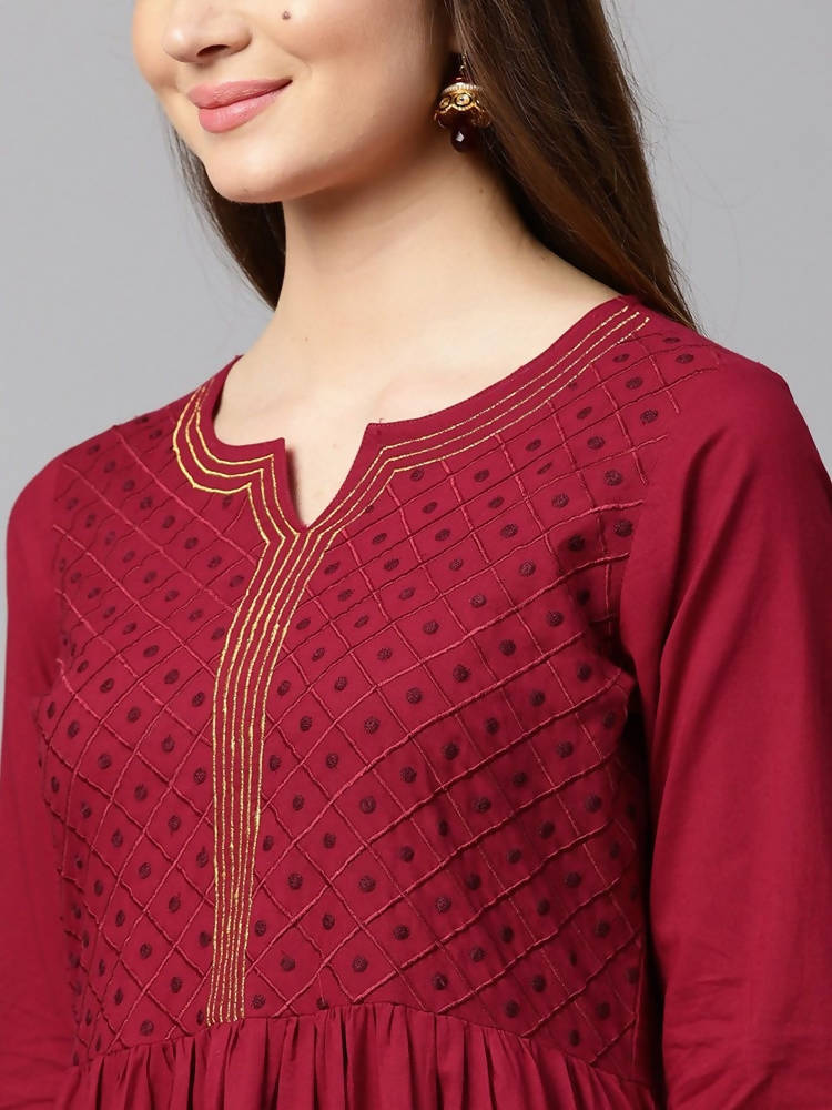 Yufta Women Maroon Embroidered Tiered Anarkali Kurta | Grab2Buy