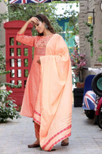 Yufta Women Peach Floral Mirror Work Pure Cotton Kurta with Trouser and Dupatta | Grab2Buy