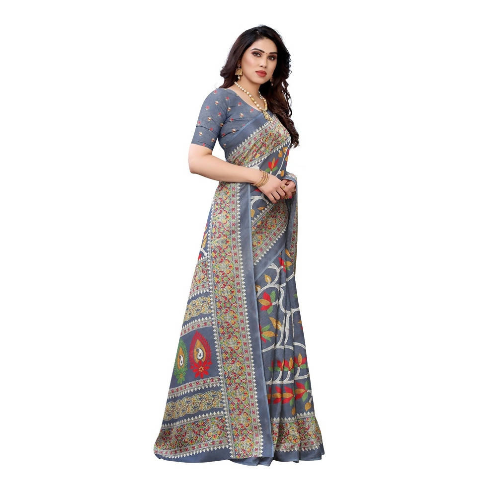 Vamika Printed Jute Silk Grey Saree (Rishika Grey) | Grab2Buy