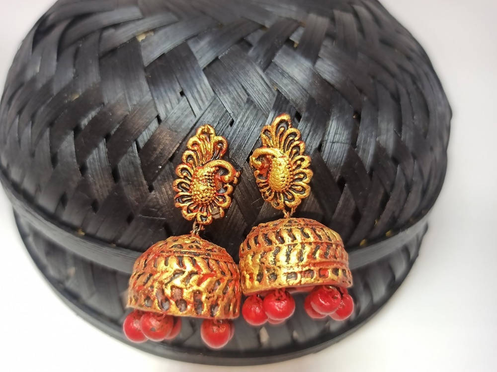 Terracotta Peacock Stud Ethnic Jhumkas-Gold Red | Grab2Buy