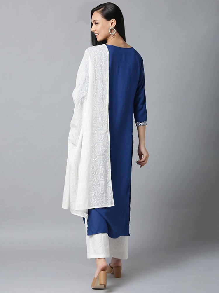 Yufta Women Blue & White Yoke Design Kurta with Palazzo & Dupatta | Grab2Buy