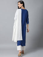 Yufta Women Blue & White Yoke Design Kurta with Palazzo & Dupatta | Grab2Buy