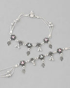 VOJ Set of 2 Silver Plated Flower Shaped Stone Studded Anklet