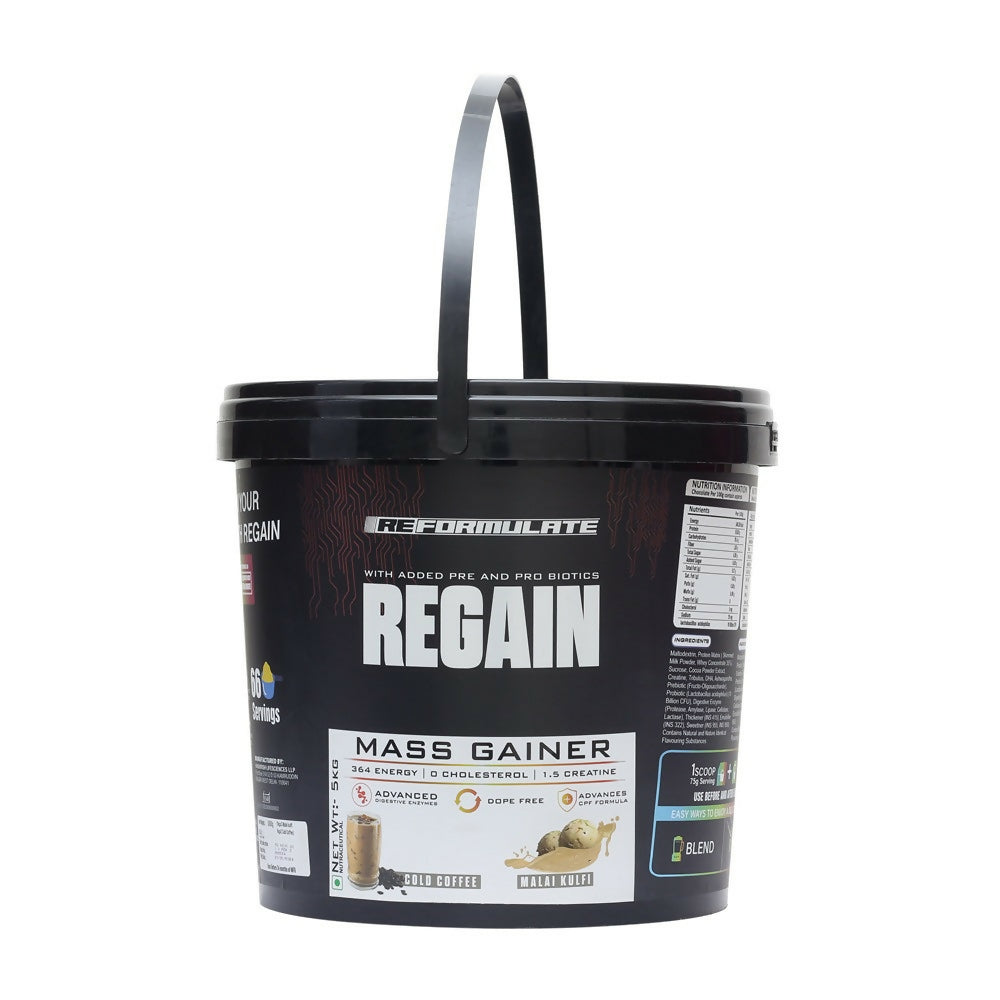 Reformulate Regain I Mass Gainer with Added Pre and Pro Biotics I 364 Energy | 1.5 Creatine - Cold Coffee & Malai Kulfi | Grab2Buy