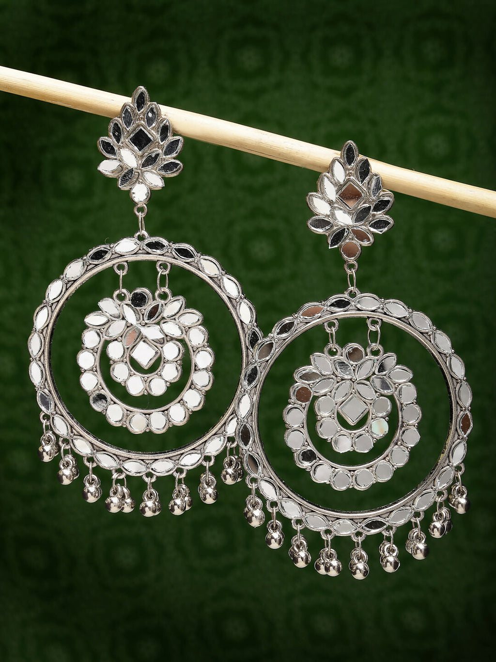 NVR Women's Silver-Toned Mirror Work Oxidised Contemporary Drop Earrings | Grab2Buy