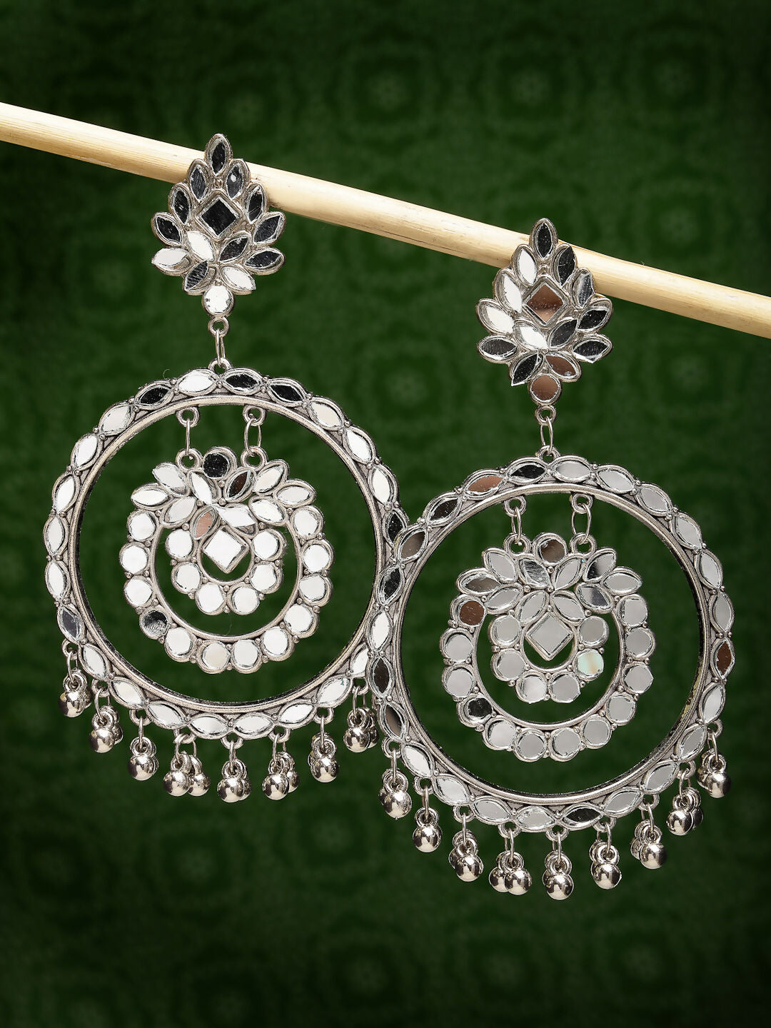 NVR Women's Silver-Toned Mirror Work Oxidised Contemporary Drop Earrings | Grab2Buy
