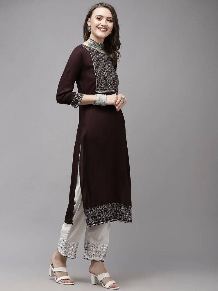Yufta Women Brown Yoke Design Regular Sequinned Kurta with Palazzo & With Dupatta | Grab2Buy