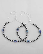 VOJ Set of 2 Silver Plated Evil Eye With Black And Silver Beads Anklet