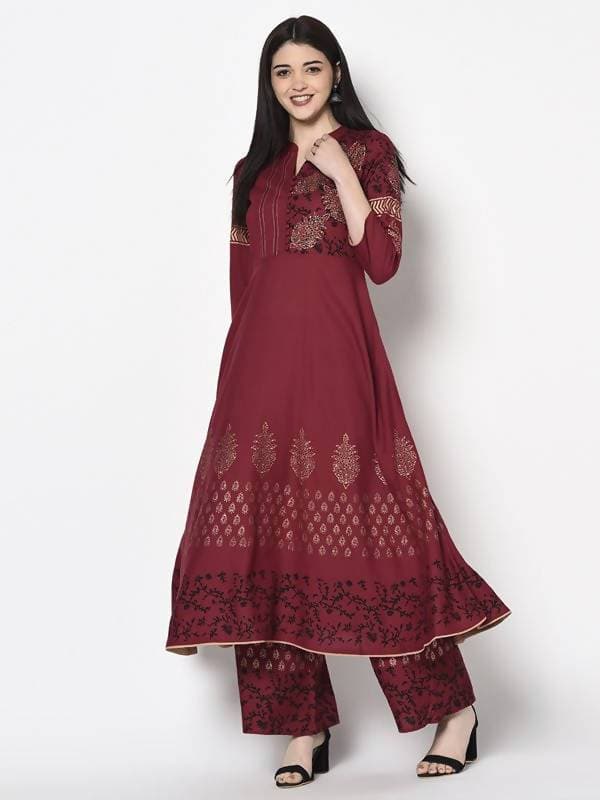 Aniyah Rayon Maroon Color Block Print Anarkali Palazzo Set (AN-181K) | Grab2Buy