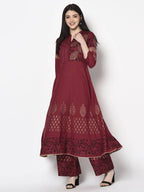 Aniyah Rayon Maroon Color Block Print Anarkali Palazzo Set (AN-181K) | Grab2Buy
