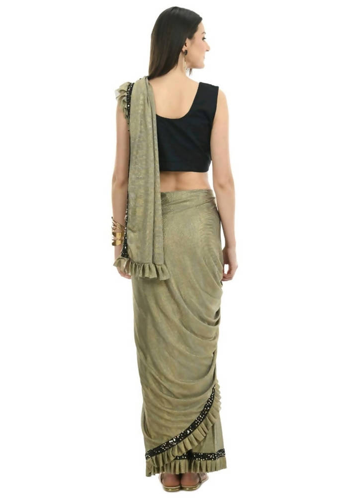 Mominos Fashion All Season Wear Olive Green And Black Ruffled With Blouse Ready To Wear Saree | Grab2Buy