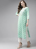 Yufta Women Sea Green Bandhani Striped Regular Sequined Pure Cotton Kurta with Palazzo | Grab2Buy